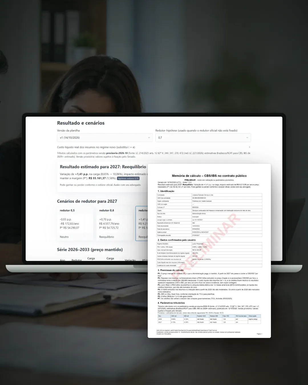 Painel do contrato no Reequilibra, com dados fictícios